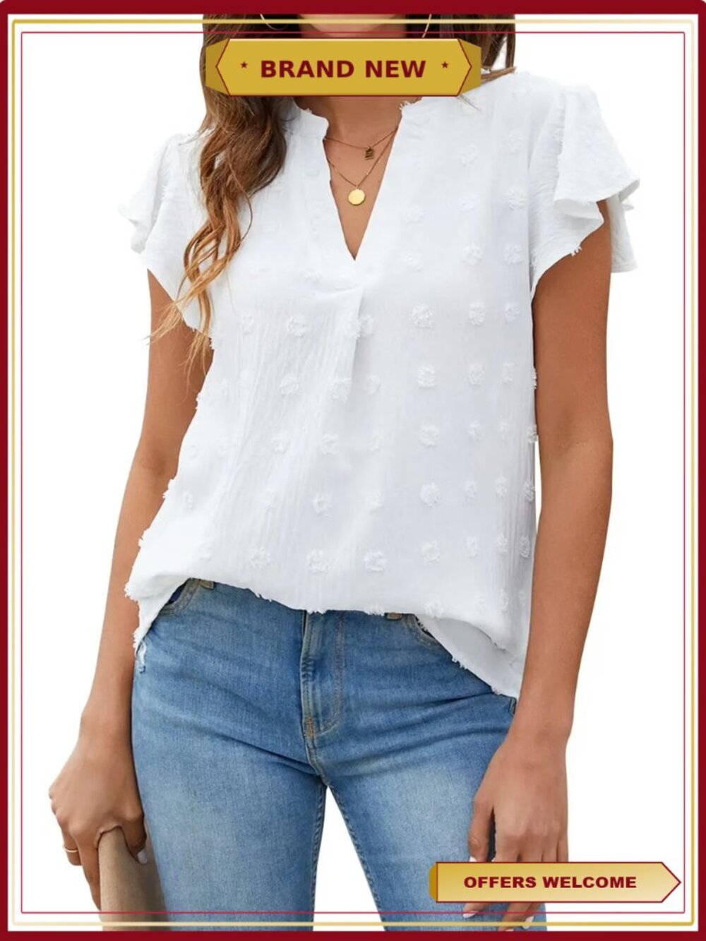 Women Dressy V Neck Ruffle Sleeve Blouse Flowy Summer Top